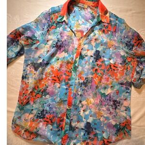 Figueroa & Flower Womens 2X Blue Orange Watercolor Floral Roll Tab Blouse Top